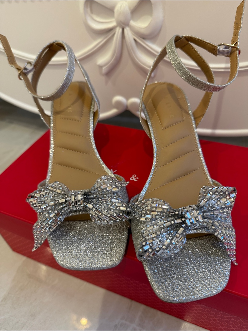Silver Embellished Bow Ankle-Strap Sandals for Women
